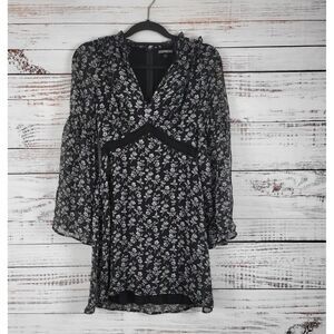 Express Mini Dress 0 Womens Long Sheer Sleeves V Neck Black White Back Zip